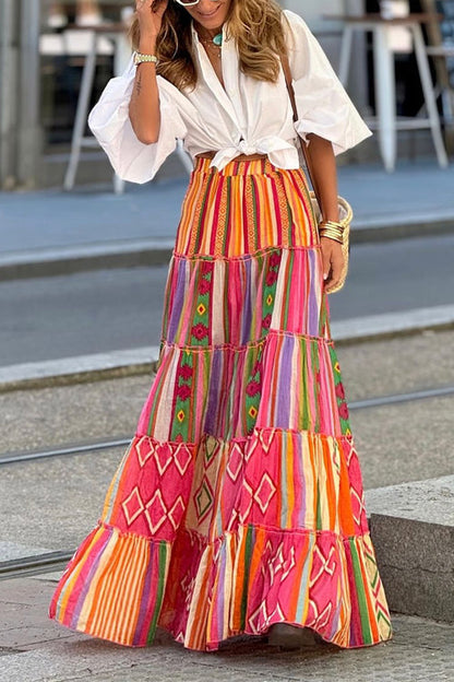 Rosiedress Elastic Waist Ruffle Tiered Color Block Printed Maxi Skirt