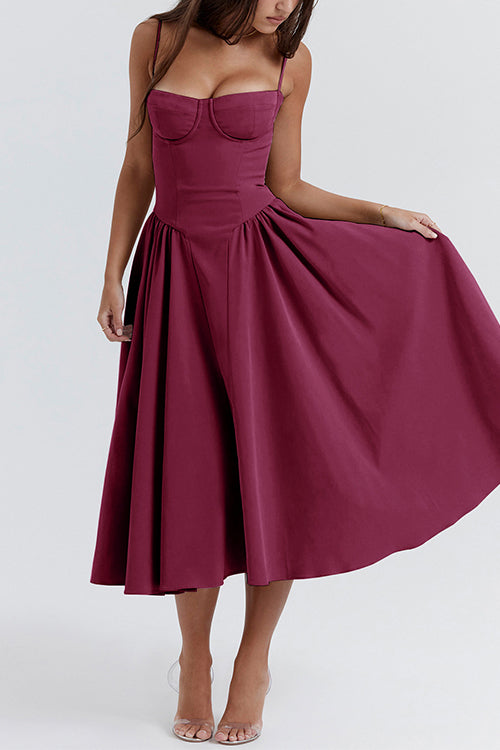 Rosiedress Spaghetti Strap Pocketed Corset Swing Midi Dress Plum