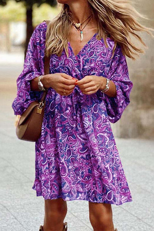 Wrap V Neck 3/4 Sleeves Tie Waist Floral Print Dress Purple
