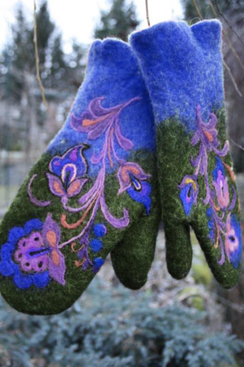 Christmas Gift Embroidery Mittens(5 Colors) Blue Onesize