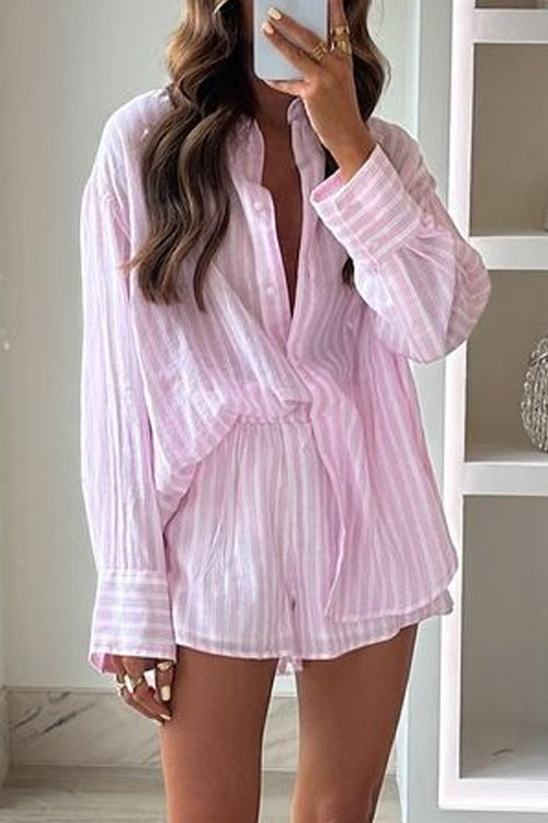 Striped Long Sleeves Blouse Shirt and Elastic Waist Shorts Set Pink