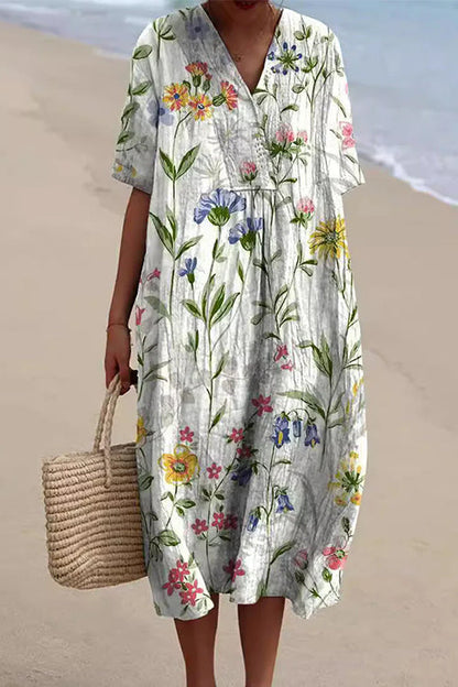V Neck Short Sleeves Floral Print Loose Midi Vacation Dress White