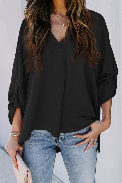 Rosiedress V Neck Roll Up Long Sleeves Blouse Shirt