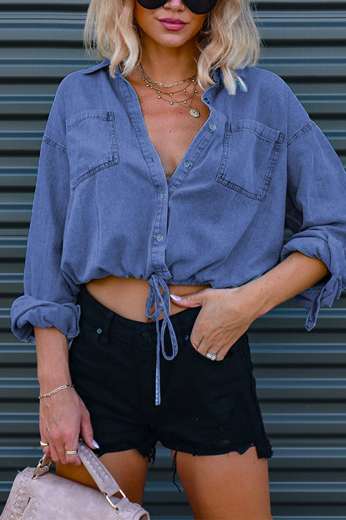 Long Sleeves Drawstring Hem Cropped Denim Shirt DarkBlue