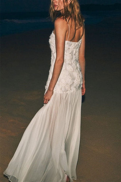 Spaghetti Strap Floral Applique Patchwork Maxi Dress