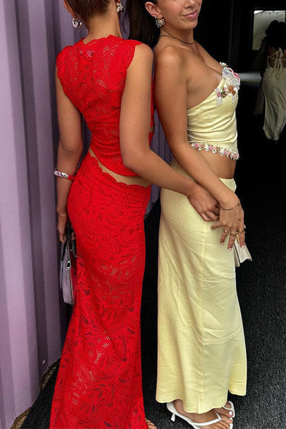 Sleeveless Cut Out Lace Top and Maxi Bodycon Skirt Set