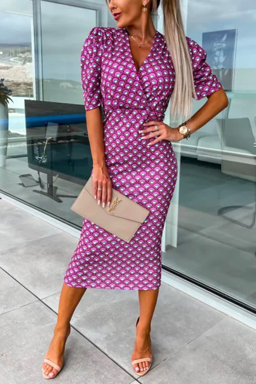 Rosiedress Wrap V Neck Puff Sleeves Printed Midi Bodycon Dress Purple