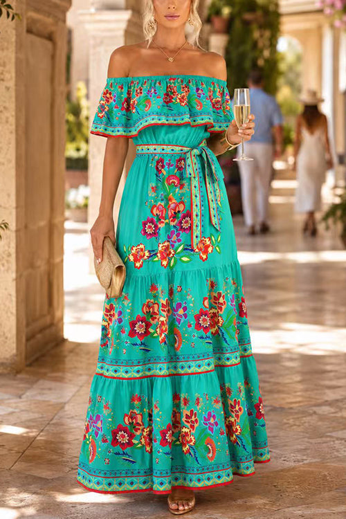 Off Shoulder Bow Waist Floral Print Ruffle Tiered Maxi Dress