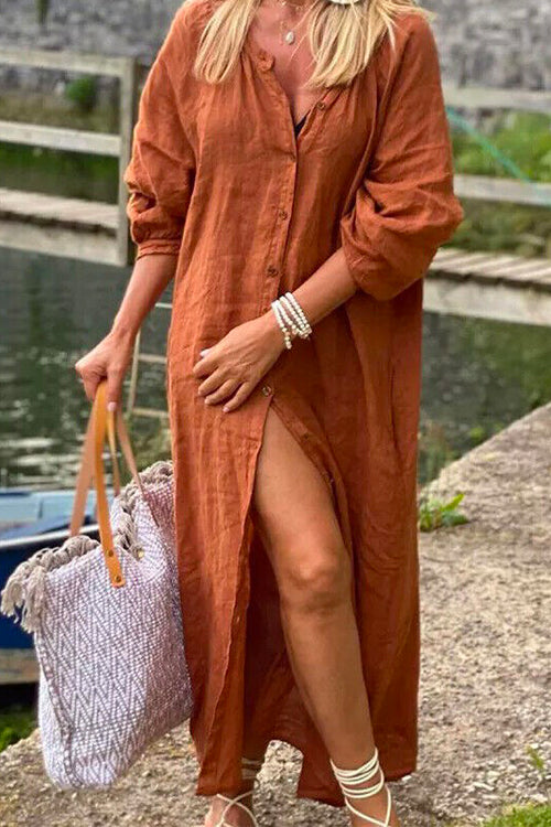 Rosiedress Oversized Button Up Cotton Linen Maxi Shirt Dress Caramel