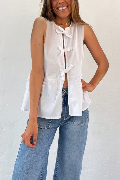 Crewneck Sleeveless Striped Ruffle Bow Top