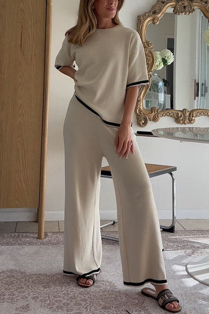 Rosiedress Color Block Short Sleeves Side Split Pullover Wide Leg Pants Knitting Loungewear Set Cream