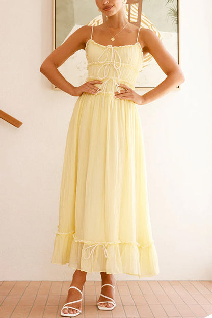 Spaghetti Strap Frill Trim Tie Bow Maxi Dress