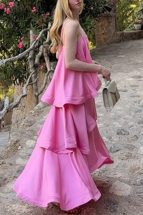 Spaghetti Strap Ruffle Layered Satin Maxi Dress