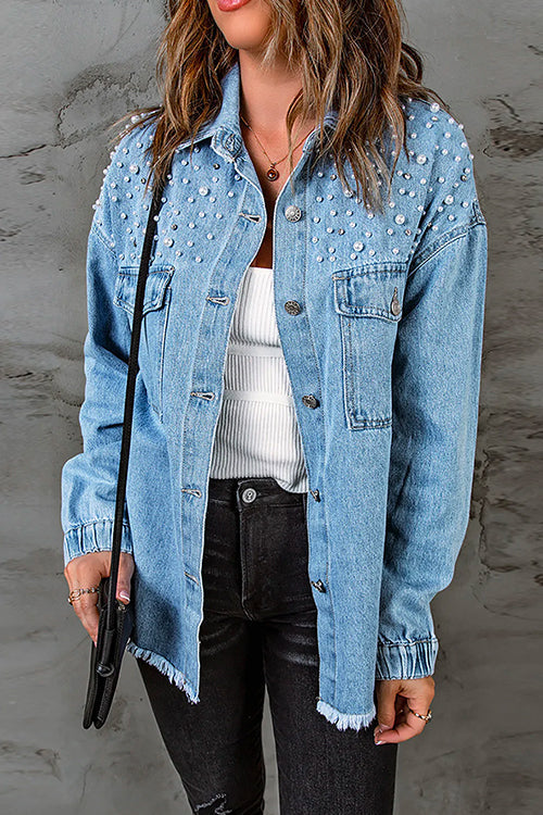 Pearls Beading Raw Hem Distressed Denim Shirt Jacket