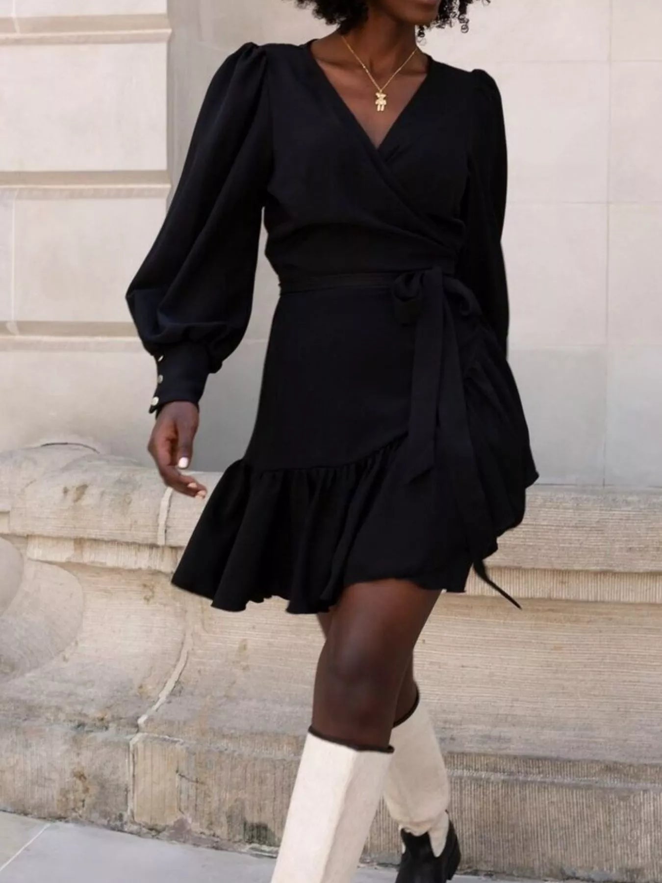 Printed Surplice Long Sleeve Wrap Mini Dress
