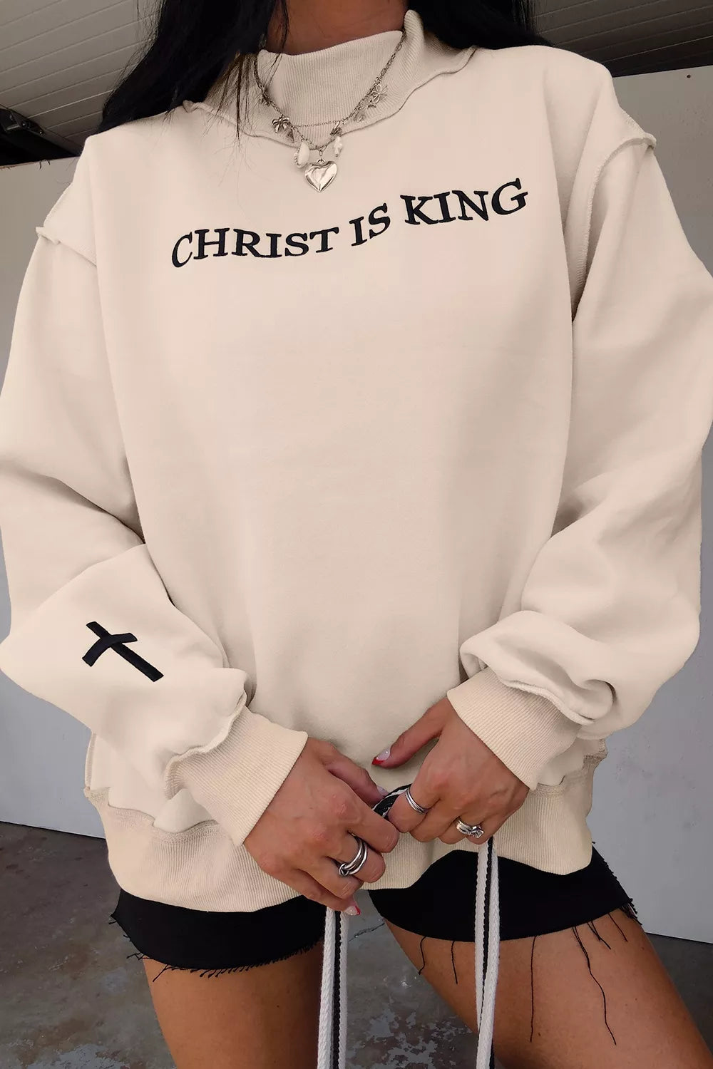 CHRIST IS KING Embroidery High Neck Baggy Sweatshirt
