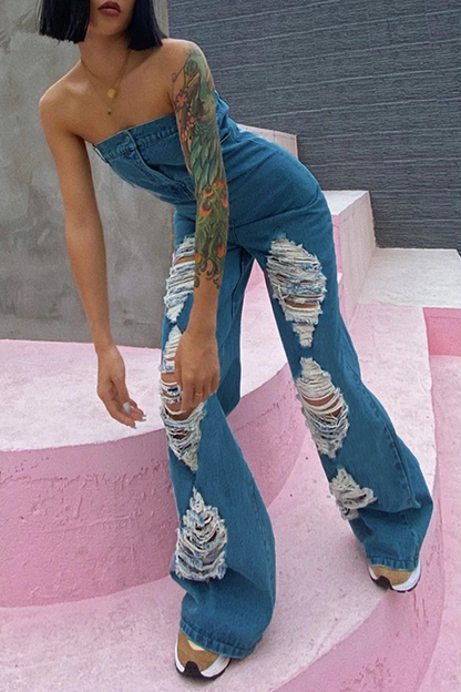 Sexy Street Solid Ripped Strapless Regular Jumpsuits Blue