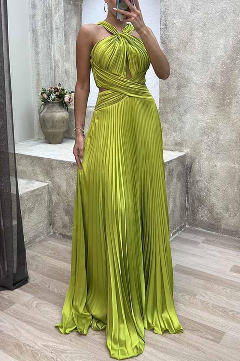 Elegant Solid Fold Halter Evening Dress Dresses Green Yellow