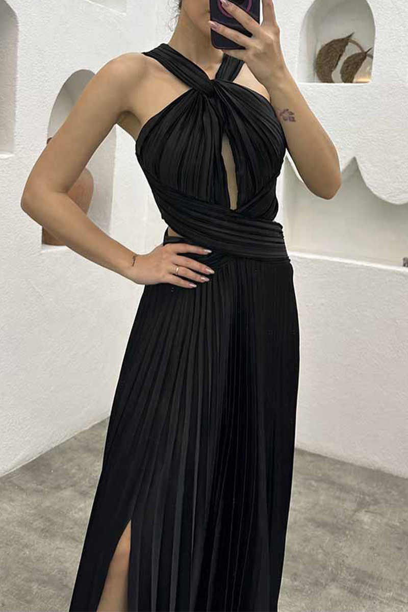 Elegant Solid Fold Halter Evening Dress Dresses