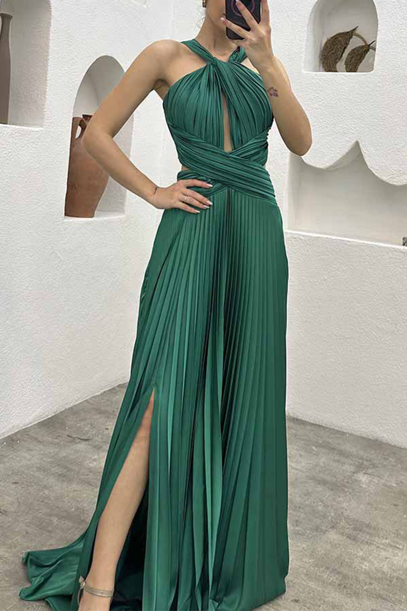 Elegant Solid Fold Halter Evening Dress Dresses