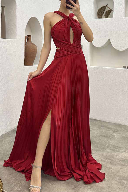 Elegant Solid Fold Halter Evening Dress Dresses Red