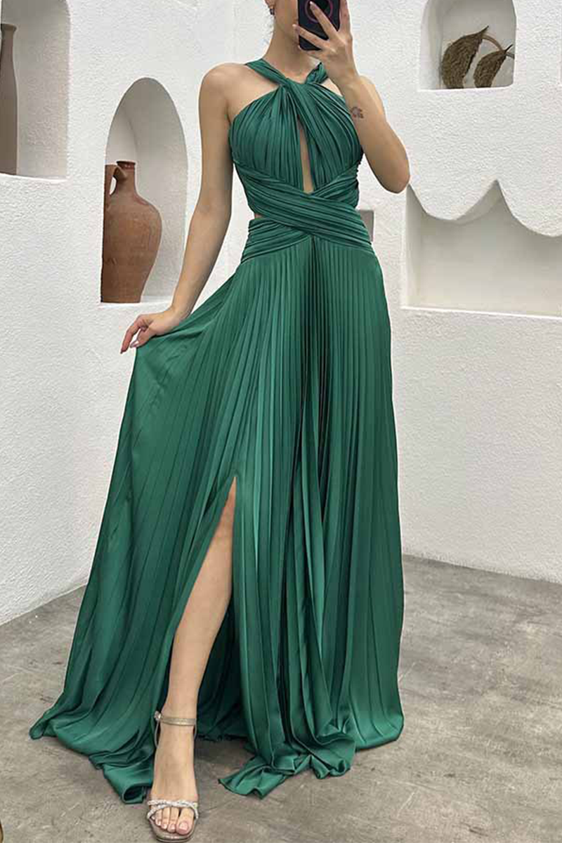 Elegant Solid Fold Halter Evening Dress Dresses Green