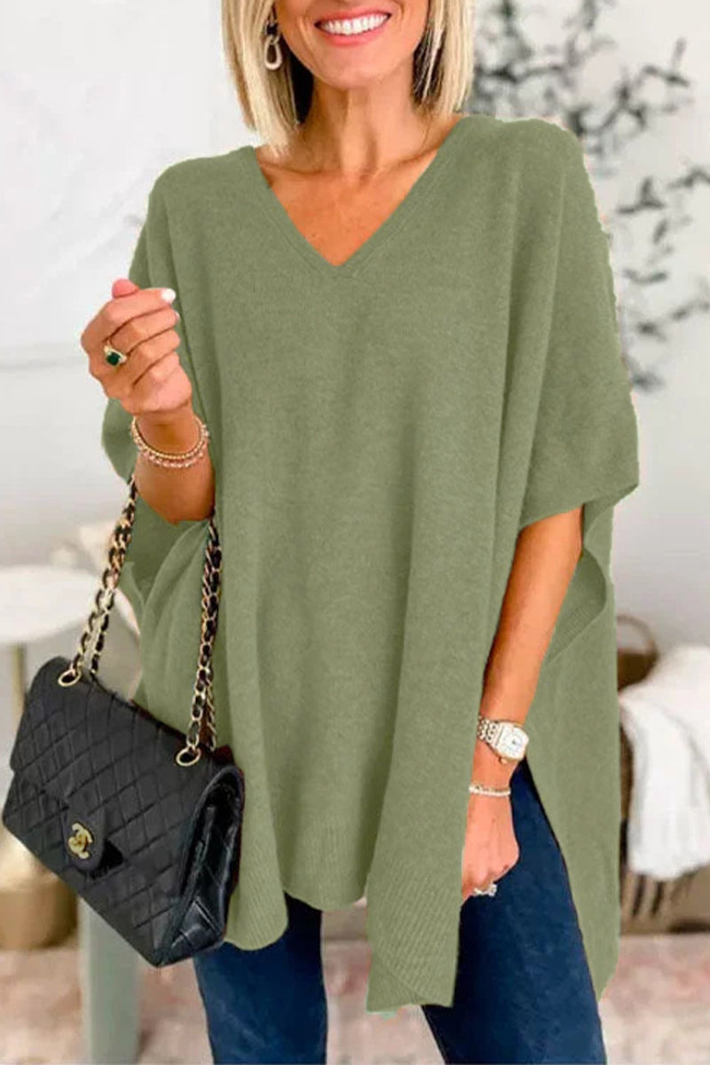 Casual Simplicity Solid Slit V Neck Tops Green