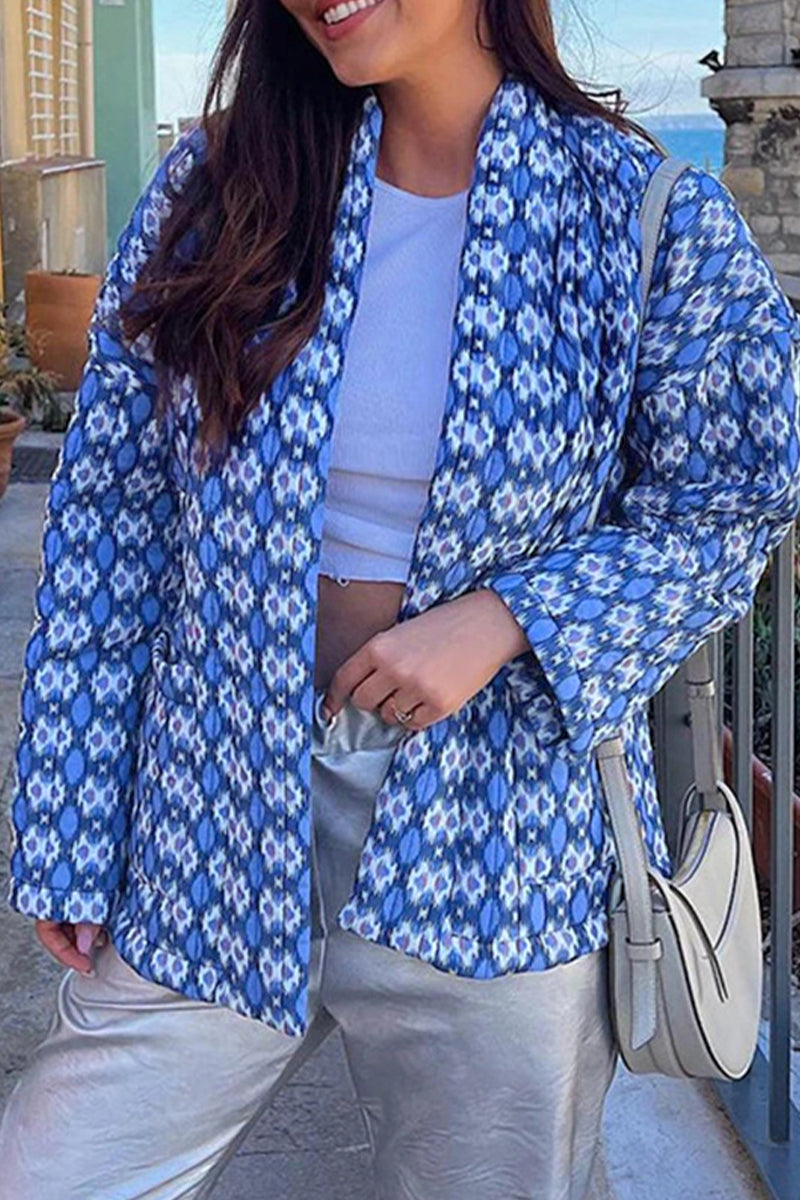 Elegant Geometric Patchwork Pocket Cardigan Collar Outerwear Blue