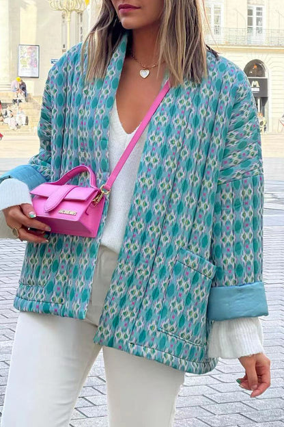 Elegant Geometric Patchwork Pocket Cardigan Collar Outerwear Green