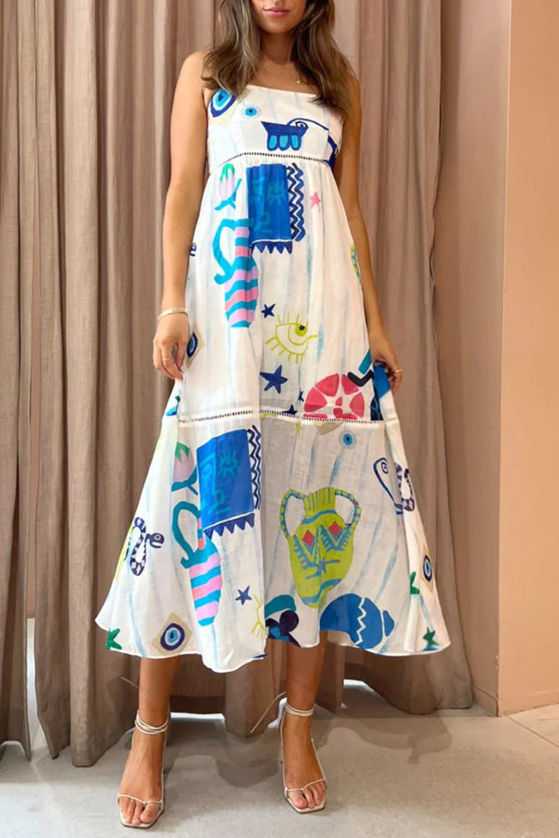 Sweet Elegant Print Patchwork Sling Dress Dresses