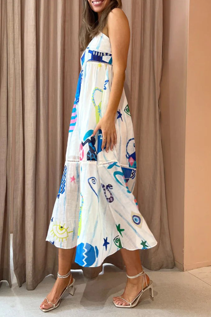 Sweet Elegant Print Patchwork Sling Dress Dresses