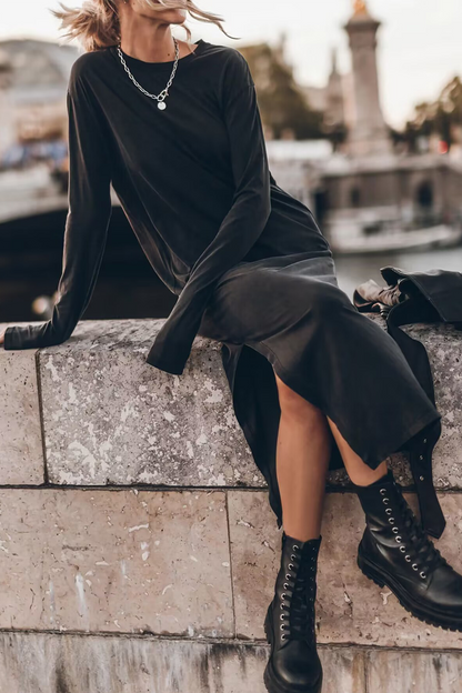 Casual Solid Slit O Neck Long Sleeve Dresses Black