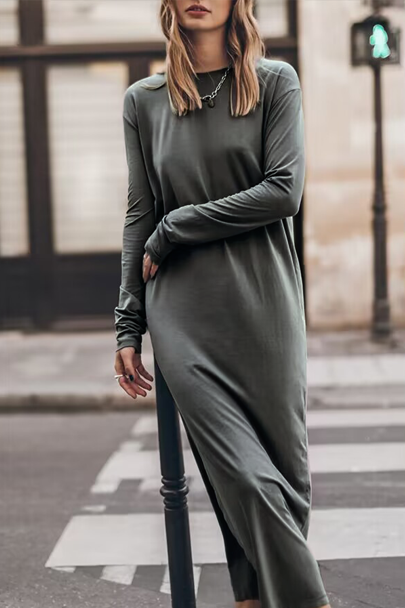 Casual Solid Slit O Neck Long Sleeve Dresses Grey