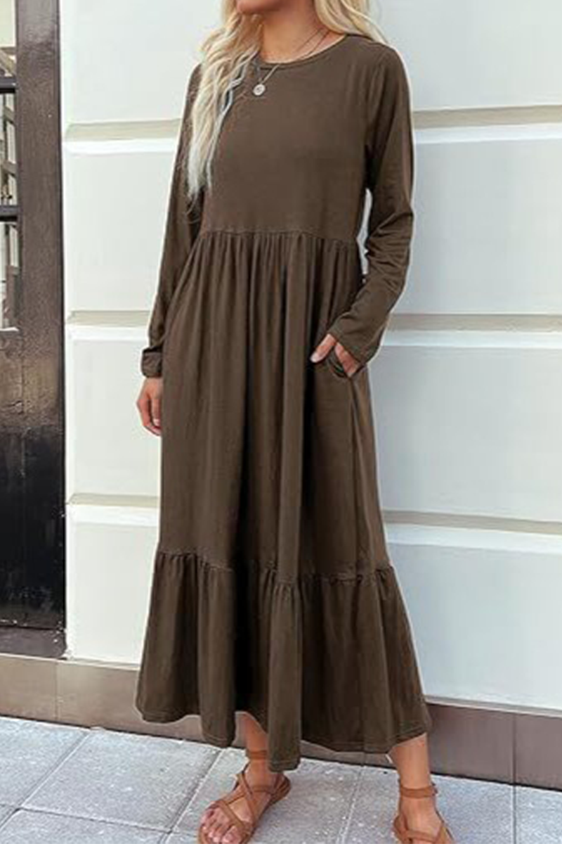 Casual Solid Patchwork Pocket O Neck A Line Dresses Coffee