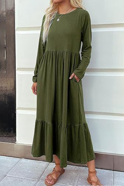 Casual Solid Patchwork Pocket O Neck A Line Dresses Army Green