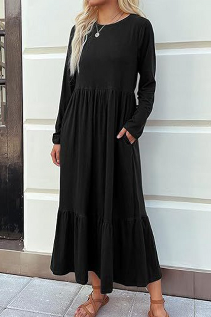 Casual Solid Patchwork Pocket O Neck A Line Dresses Black