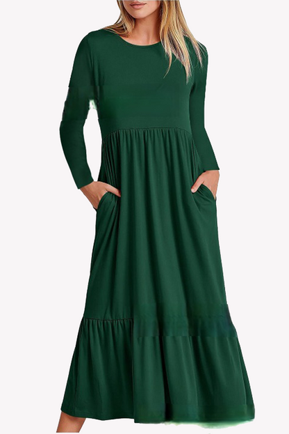 Casual Solid Patchwork Pocket O Neck A Line Dresses Ink Green