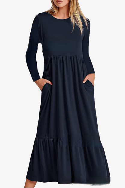 Casual Solid Patchwork Pocket O Neck A Line Dresses Deep Blue