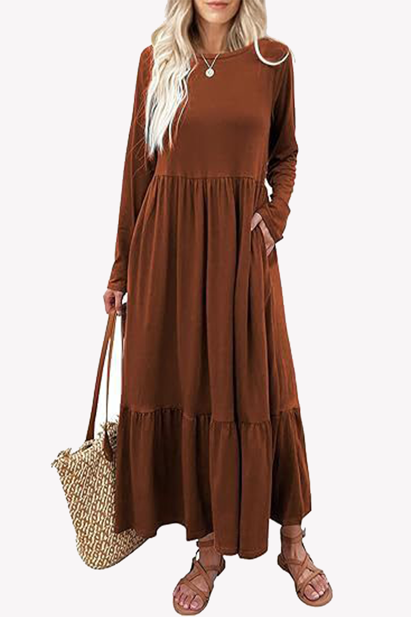 Casual Solid Patchwork Pocket O Neck A Line Dresses Light Brown