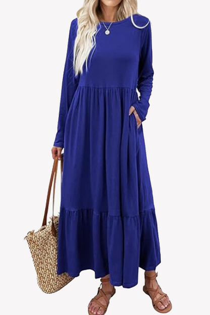 Casual Solid Patchwork Pocket O Neck A Line Dresses Blue