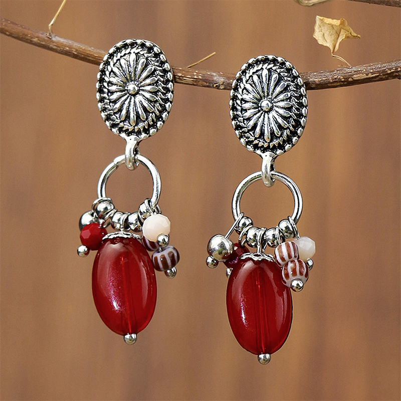 Bohemian Geometric Patchwork Earrings Red One Size