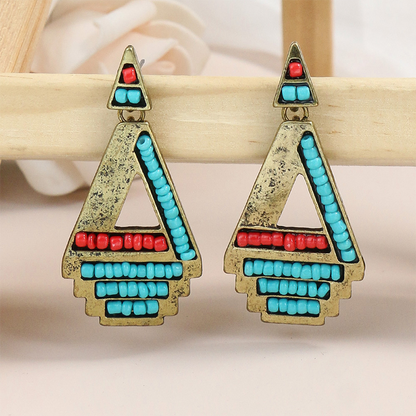 Bohemian Geometric Patchwork Earrings Red Blue One Size