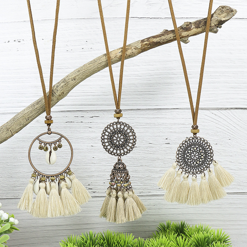 Bohemian Solid Tassel Necklaces Cream White One Size