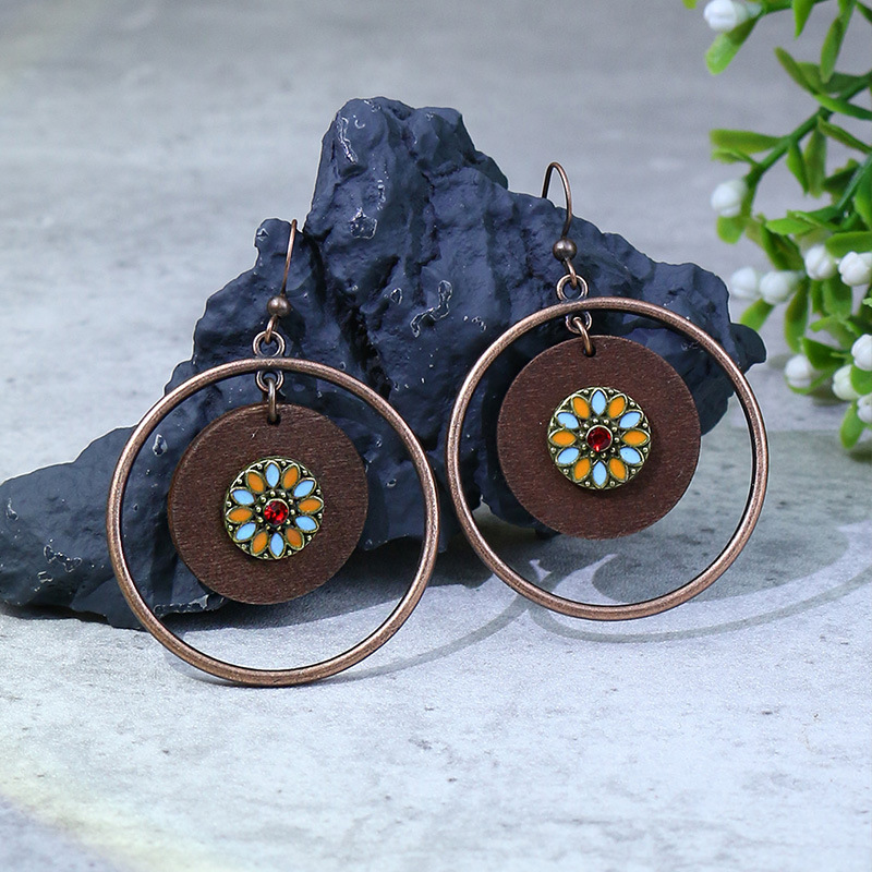 Bohemian Vintage Geometric Patchwork Earrings Yellow Brown One Size