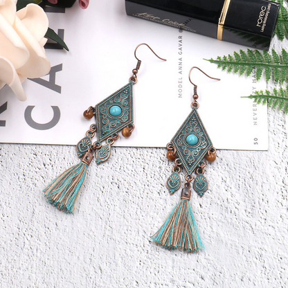 Bohemian Vintage Geometric Tassel Patchwork Earrings Blue One Size