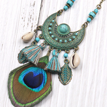 Bohemian Vintage Geometric Tassel Patchwork Necklaces Peacock Blue One Size