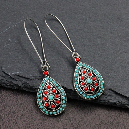 Bohemian Vintage Geometric Patchwork Earrings Red Blue One Size