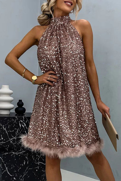 Sexy Solid Sequins Frenulum Half A Turtleneck Sleeveless Dress Dresses Caramel Colour