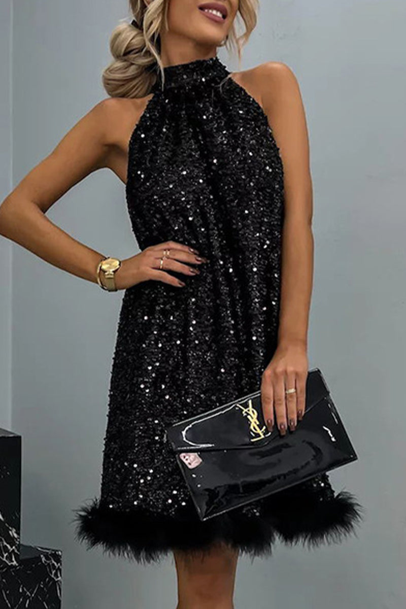 Sexy Solid Sequins Frenulum Half A Turtleneck Sleeveless Dress Dresses