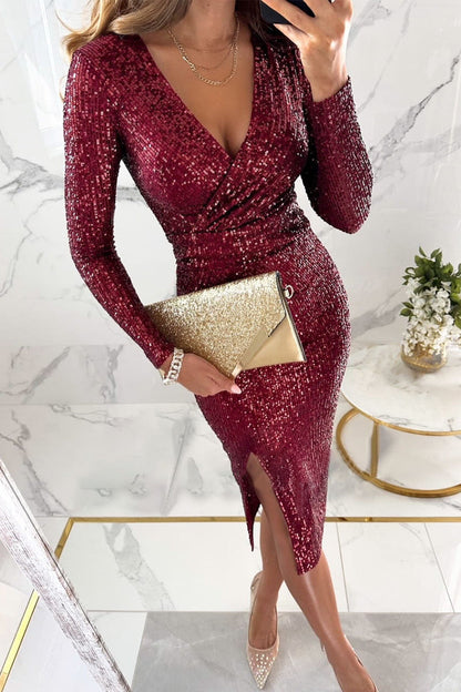 Sexy Solid Sequins Slit V Neck A Line Dresses Burgundy